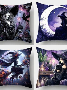 4 Purple-black Halloween Themed Printed Pillowcases w Witch & Black Cat Designs